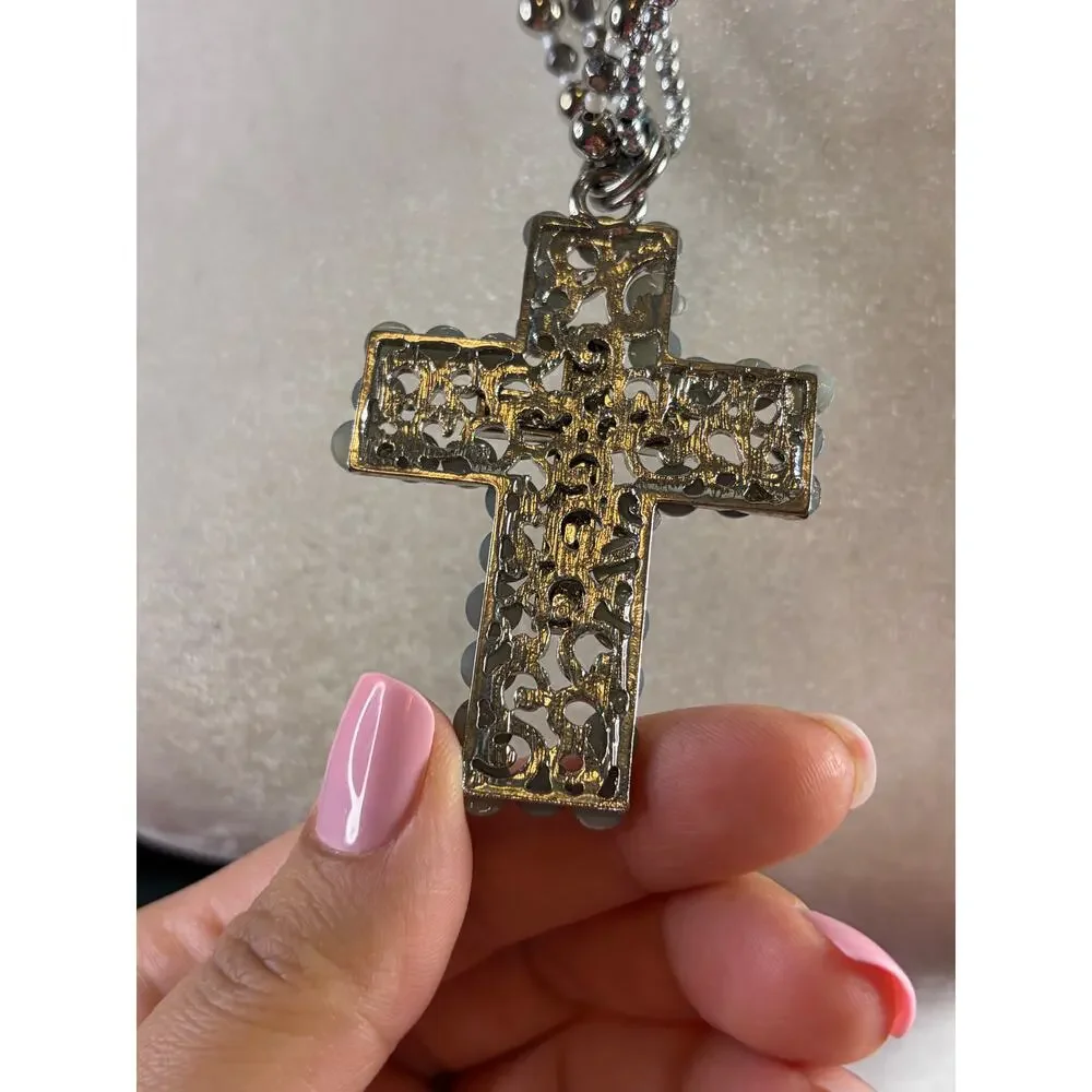 Silver Tone Multi Strand Chunky Cross Necklace Statement - Picture 3 of 5